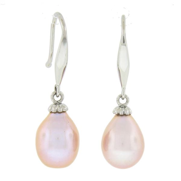 Classic Simple 14k White Gold Cultured Pink Pearl Tear Drop Dangle Earrings