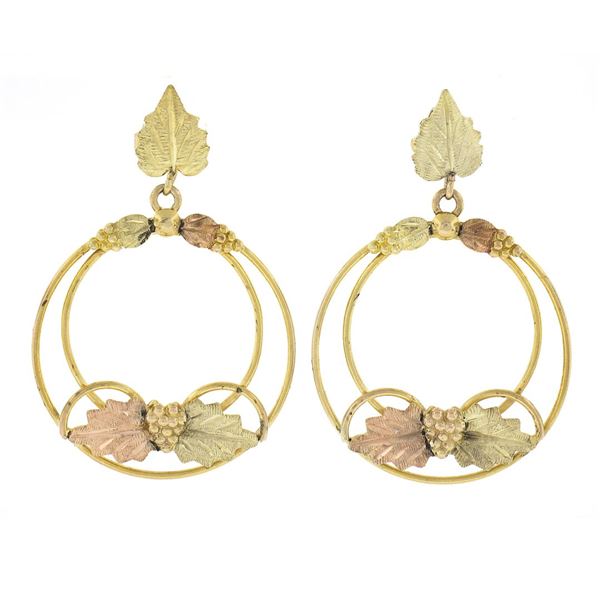 10k Two Tone Gold Etched Textured Grape Leaf Open Circle Drop Dangle Earrings