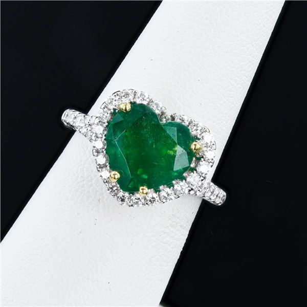 2.90 ctw Heart Shaped Emerald and 0.63 ctw Diamond 18K White Gold Ring