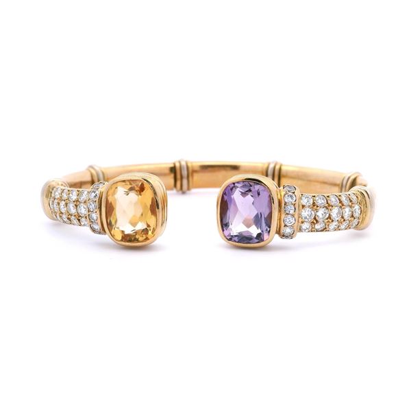 18KT Yellow Gold 9.26 ctw Amethyst, Citrine & Diamond Flex Bangle Bracelet