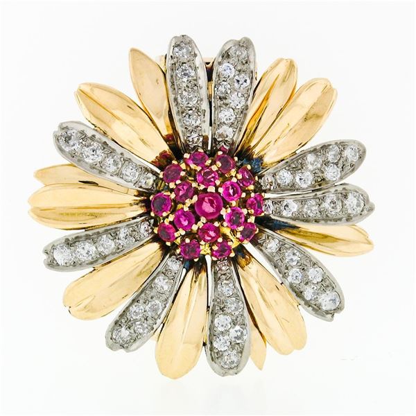 Vintage 14k Two Tone Gold Ruby Cluster & Diamond Layered Daisy Flower Brooch Pin