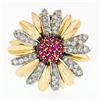 Image 1 : Vintage 14k Two Tone Gold Ruby Cluster & Diamond Layered Daisy Flower Brooch Pin