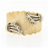Image 4 : Vintage 14k Gold Diamond Florentine Finish Scalloped Edge Concave Wide Band Ring