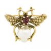 Image 1 : Estate 14K Gold Red Spinel & Baroque Pearl Detailed Fly Bee Insect Pin Brooch