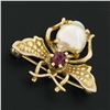 Image 2 : Estate 14K Gold Red Spinel & Baroque Pearl Detailed Fly Bee Insect Pin Brooch