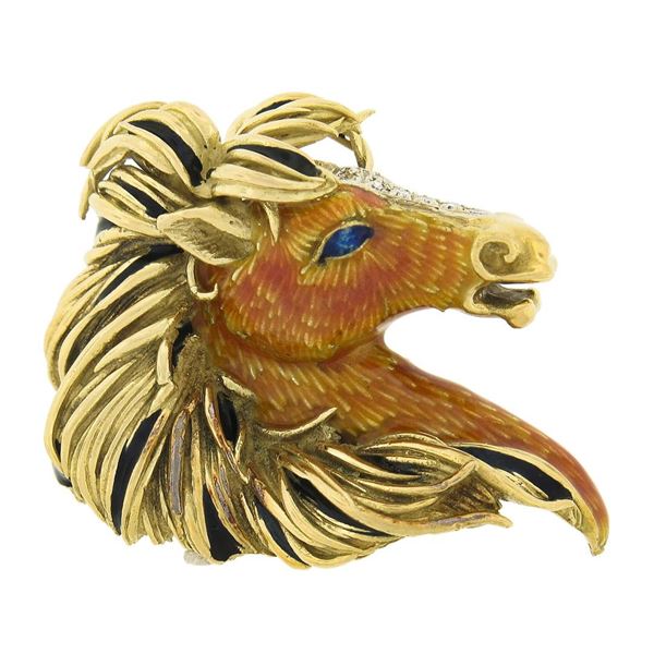 Frascarolo & Co. 18K Gold Detailed Enamel 3D Horse Head Pin Brooch w/ Diamonds