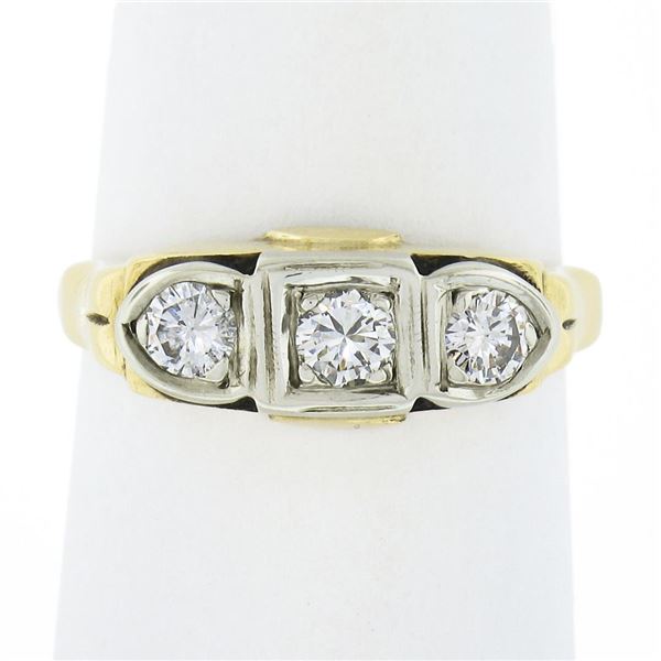 Vintage 14K TT Gold 0.45 ctw Round Brilliant Diamond 3-Stone Polished Band Ring