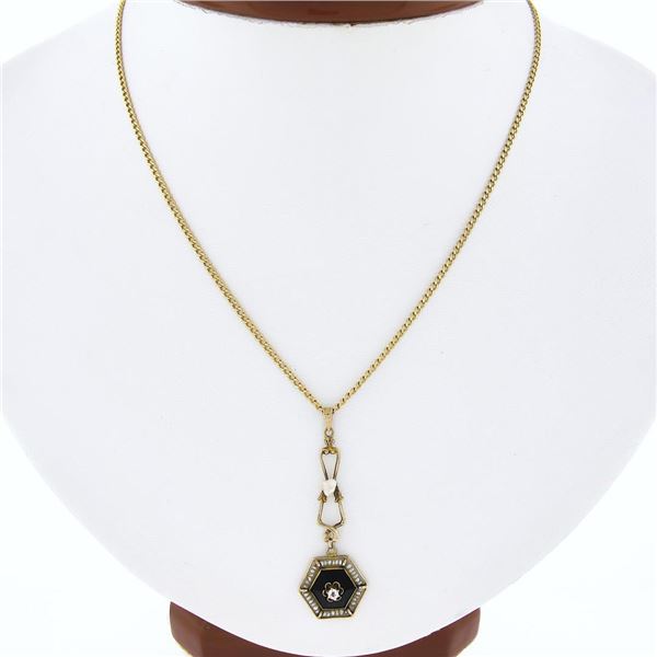 Vintage 14K Gold Black Onyx, Pearl & White Topaz Lavalier Pendant w/ Chain