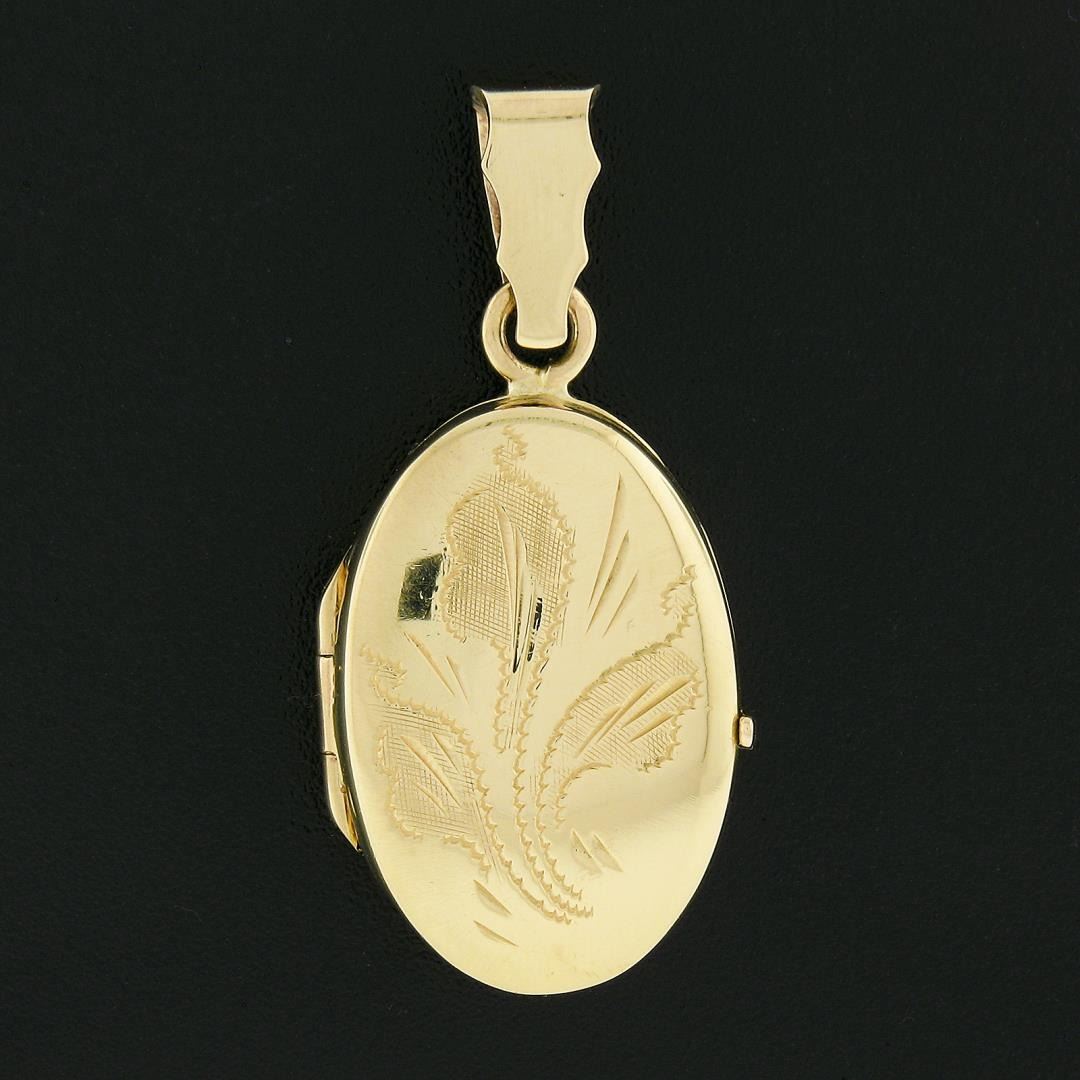 Classic Italian 14k Yellow Gold Engraved Floral Work Oval Locket Pendant