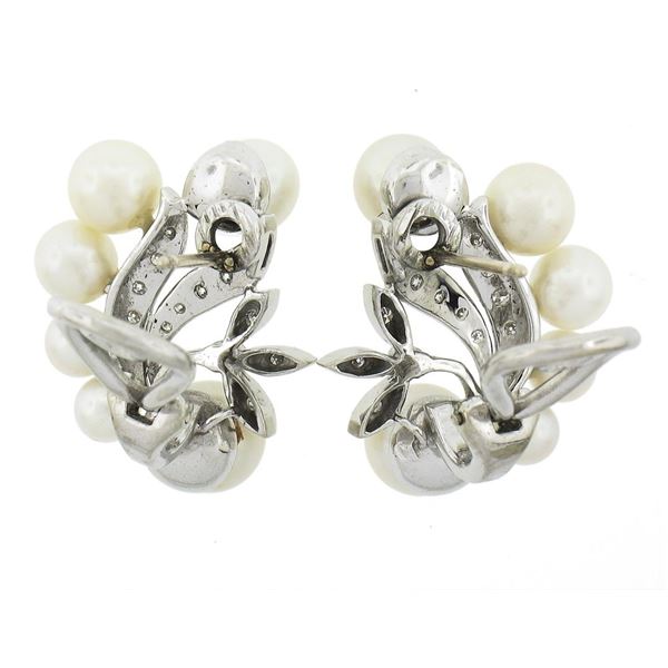 Vintage 14K White Gold Cultured Pearl & 0.25 ctw Diamond Flower Cluster Earrings
