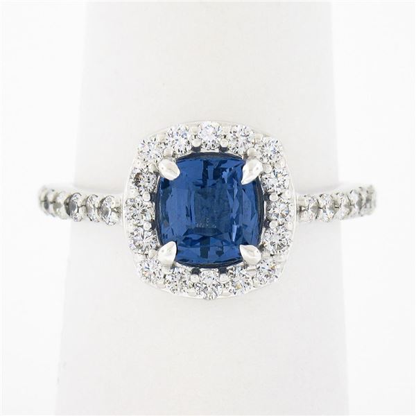 NEW Platinum 1.89 ctw GIA NO HEAT Cushion Blue Spinel Brilliant Diamond Halo Rin