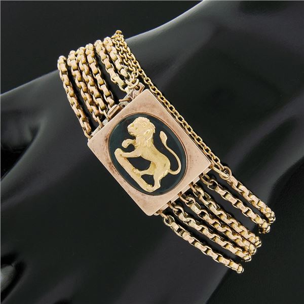 Antique Victorian 10k Gold 6 Strand Gate Link w/ Bloodstone & Gold Lion Bracelet