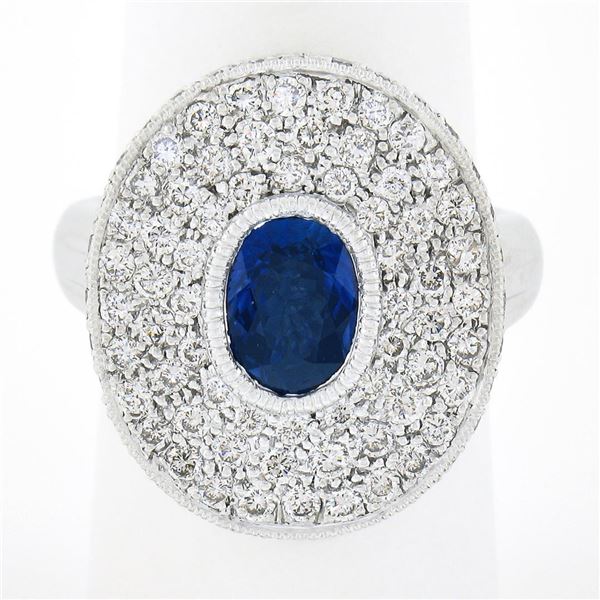 Platinum Oval Bezel Sapphire Pave Diamond Covered Milgrain Platter Cocktail Ring