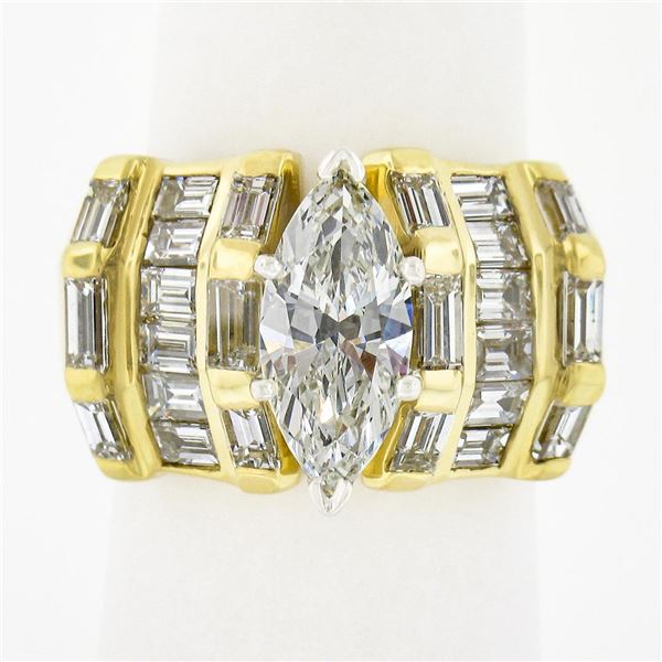 18k Gold 3.97 ctw GIA Marquise Diamond w/ Baguette Sides Wide Engagement Ring