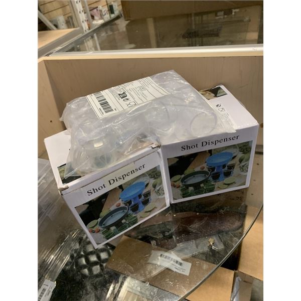 2 NEW SHOT DISPENSERS AND 10 ACRYLIC SHOT GLASSES WITH HANDLES