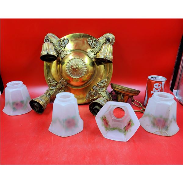 VTG Solid Brass Chandelier w/ Floral Painted Covers