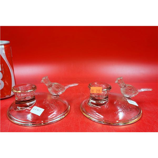 VTG Jeanette Glass Pheasant In Cattails Candle Holders Gold Rim Pair