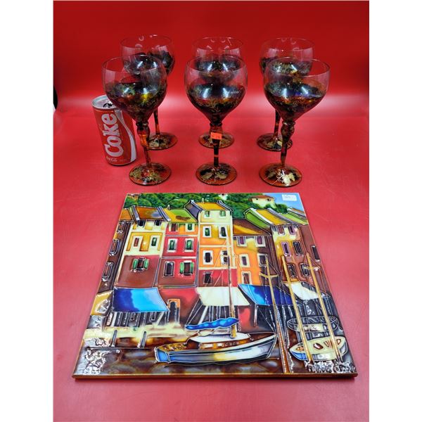 Monarch 7 Crystal White Wine Monaco Glasses & Portofino Waterfront Painting Wall Art