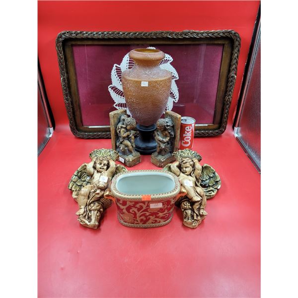 Pair Of Wall Mounted Candleholders, Plaster Bookends, Unique Tray & Blown Amber Glass Flower Vase