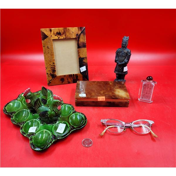 Green Ceramic Deviled Egg Serving Plate w S&P Shakers, Resin Picture Frame/Trinket Box & Collectible