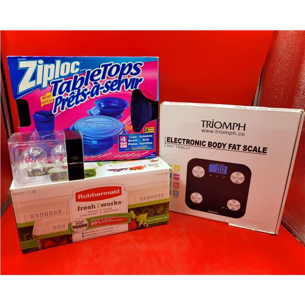 Ziploc Tabletops, Pig Salt & Pepper Shakers, Rubbermaid Produce Saver, & Triomph Body Fat Scale