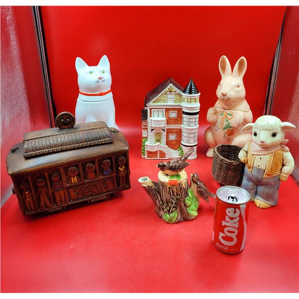 Ceramic Cookie Jars, Teapot, & Treasure Craft Cookie Trolley Made in USA