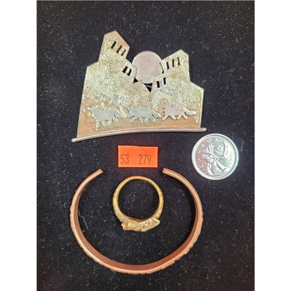 Copper Totem Pole Bracelet, Ring, & Wolf Brooch