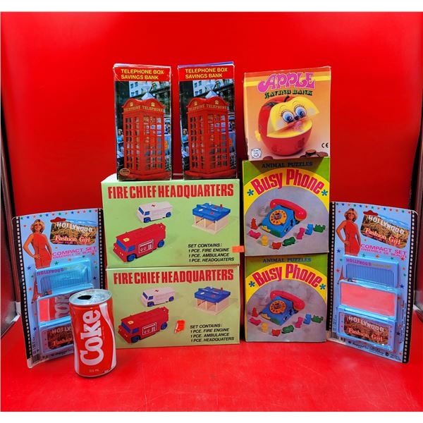 VTG Apple Saving Bank, Busy Phones, Fire Chief Headquarters, Telephone Boxes & Hollywood Compact Set