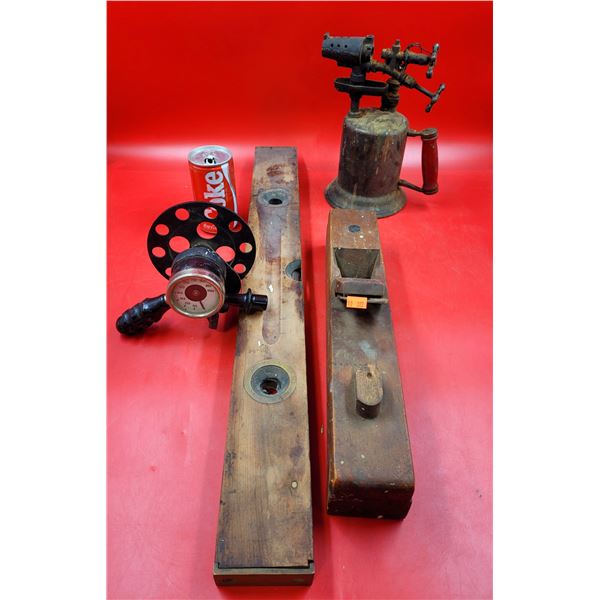 VTG Stanley Wooden & Brass Plane, Level, Torch & Gage