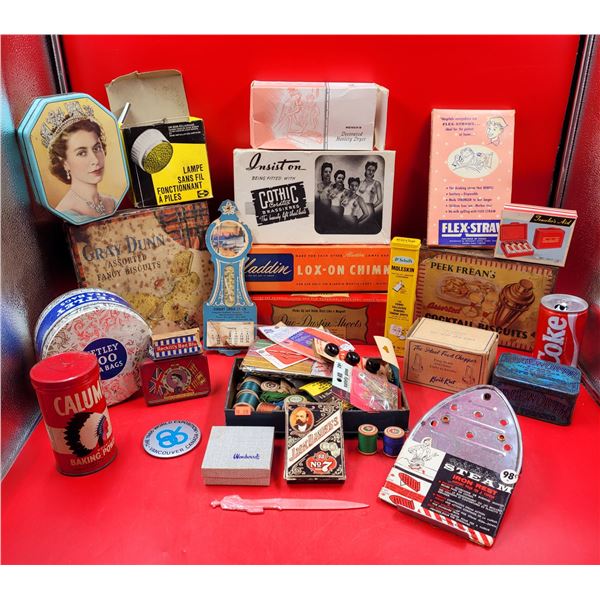VTG Advertising Tins, Advertising Display Boxes, & Sewing Supplies