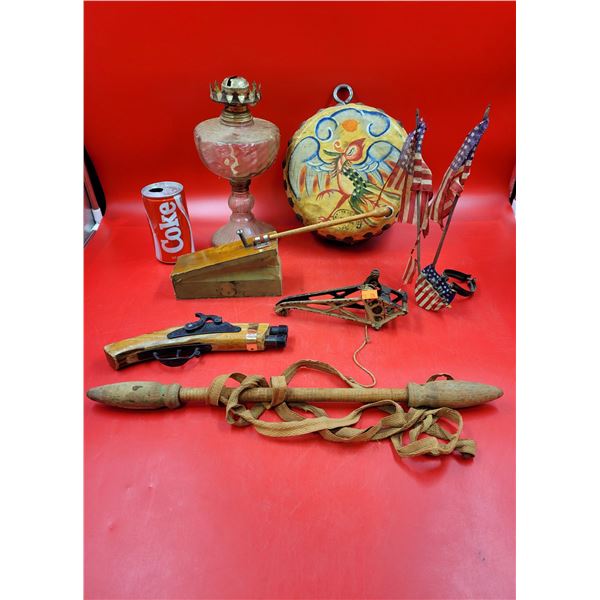 Misc. Vintage Lot w/ Oil Lamp & Drum