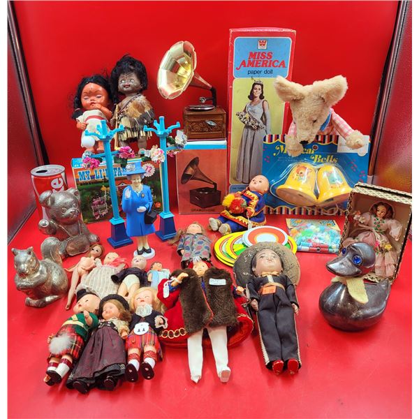 Lot of VTG Dolls Toys and Metal Coin Banks