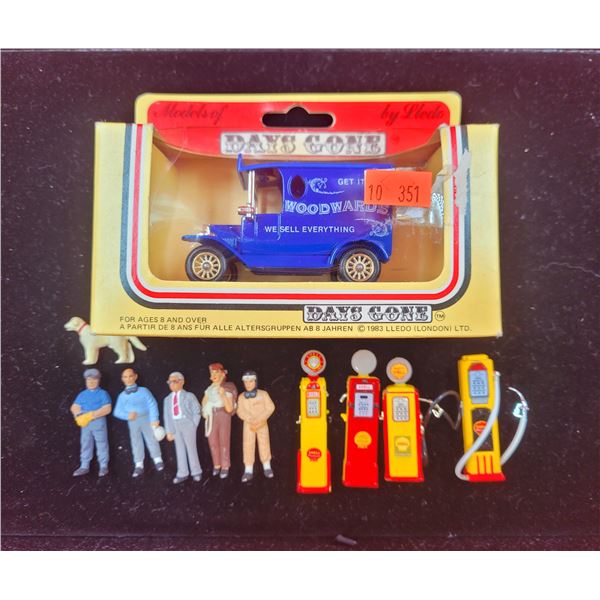 Lot of Cast Metal Shell Gas Pumps, People and Days Gone Die Cast Woodward's Car