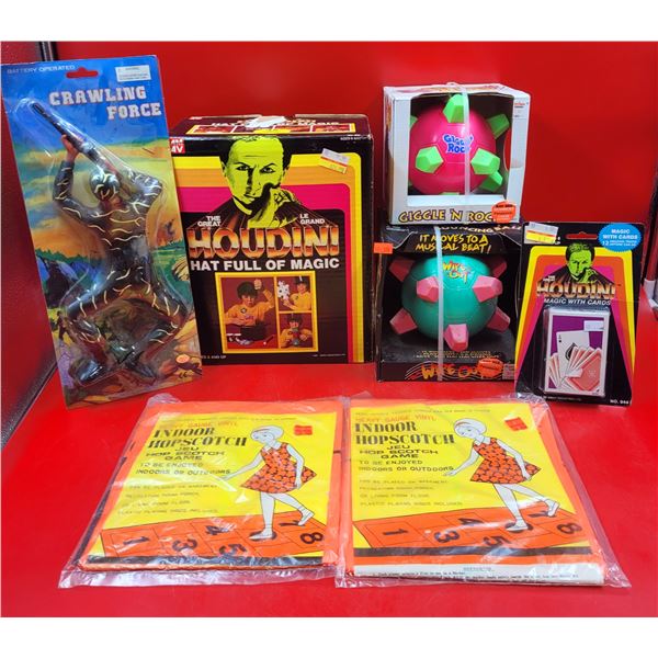 Battery Operated Army Crawler, Houdini Magic Kit, 2 Balls, & Indoor Hopscotch