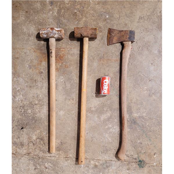 2 Wooden Sledge Hammers & Axe