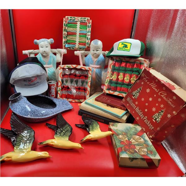 Ceramic Birds, Hats, Asian Sculptures, Books, Enamel Bed Pan & Christmas Decor