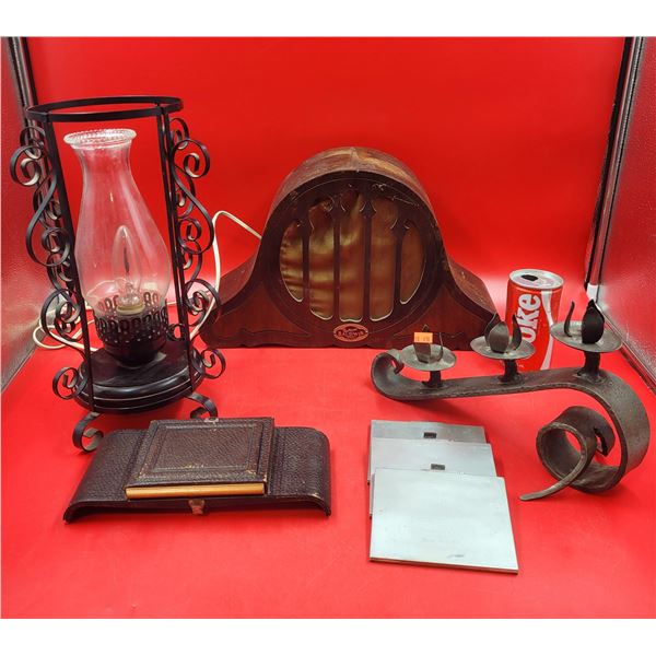 Vintage Lot w/ Antique Speaker, MCM Iron Lamp & Candle Stick Holder