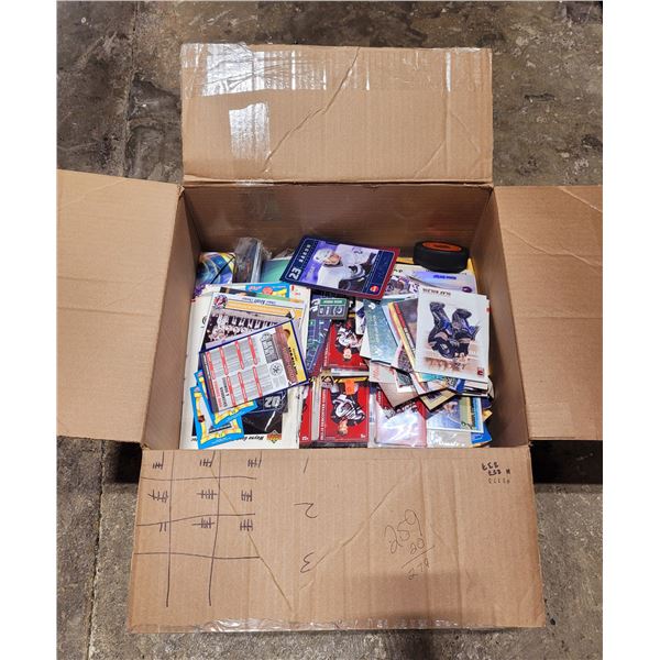 Box Of Hockey Cards & Memorabilia w/ Hockey Puck