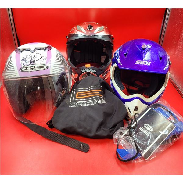 3 Dirt Biking Helmets, 1 Multisport Helmet, & Helmet Bag