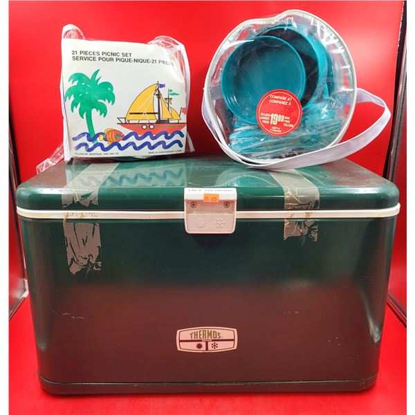 Green Thermos Cooler, 21 Pieces Picnic Set & Plastic Dish/Utensil Set w/ Ice Packs
