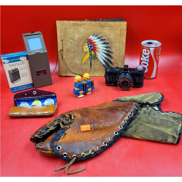 VTG Catching Mitt, Native Leather Album, Majestic Camera, Pocket Viewer, & More