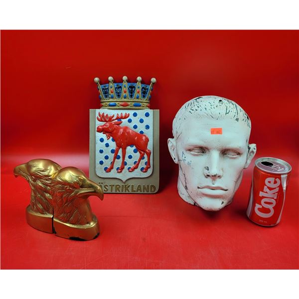 Eagle Bookends, Gastrikland Wall Plaque, & Male Head Decor