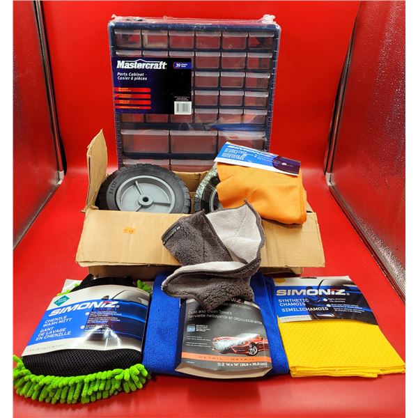 Mastercraft Parts Cabinet, Simoniz Cloths & Cart Wheels