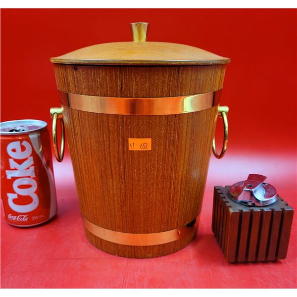 VTG MCM Teak Ice Bucket & Ronson Lighter