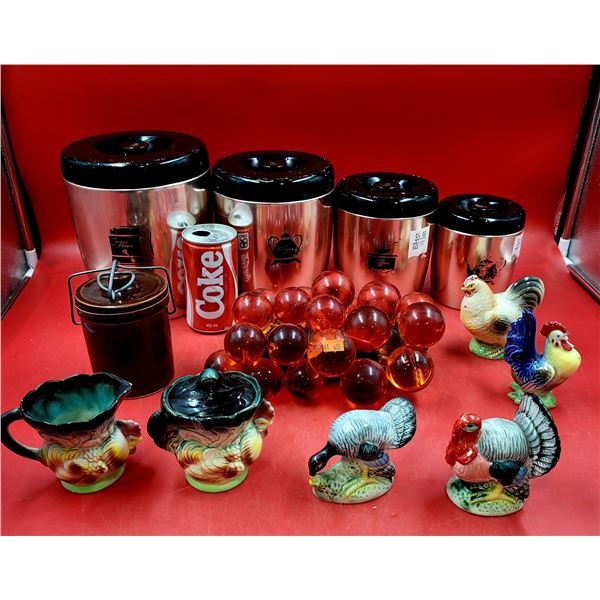 VTG Ceramic Rooster/Bird Décor, Stoneware Crock, Grape Décor & Kitchen Canister Set