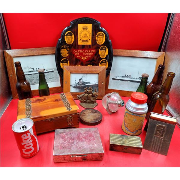 VTG Bottles, Razor Box, Framed Ship Pictures, Militaria Plaque, & More
