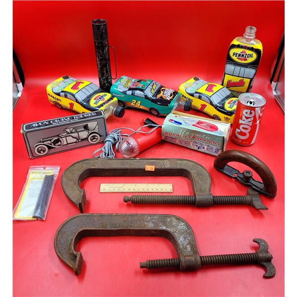 VTG Clamps, Avon Soap, Magnetic Flashlight, & Pennzoil/Quaker State Motor Oil Containers