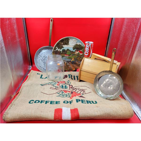 VTG Pans, Glass Jar, Peruvian Coffee Sack, & More