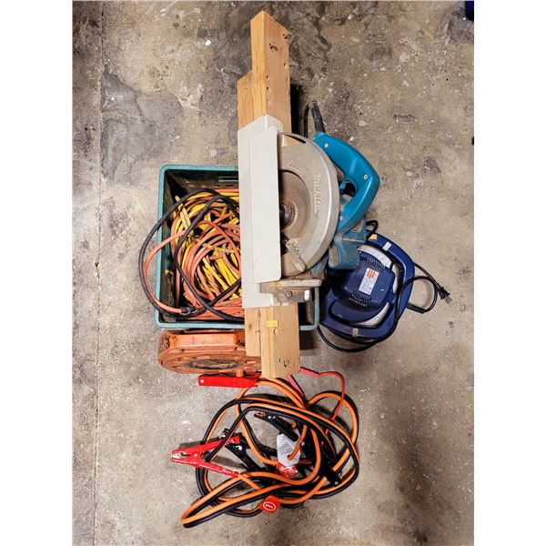 Makita Saw, Ryobi Orbital Buffer, Jumper Cables, & Extension Cords