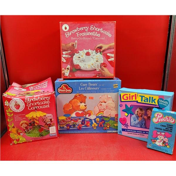VTG Strawberry Shortcake Game & Toy, Care Bears Play Doh Set, Girl Talk Game, & Poochie Card Game